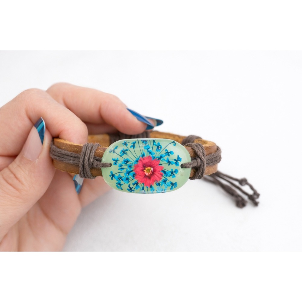 Handmade Floral Resin Leather Wrap‎ Bracelet Boho Artisan Adjustable
